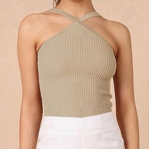 Essendi SILK Beige Stretch Tank Top Cross Neck front Sleeveless Size Medium NWOT